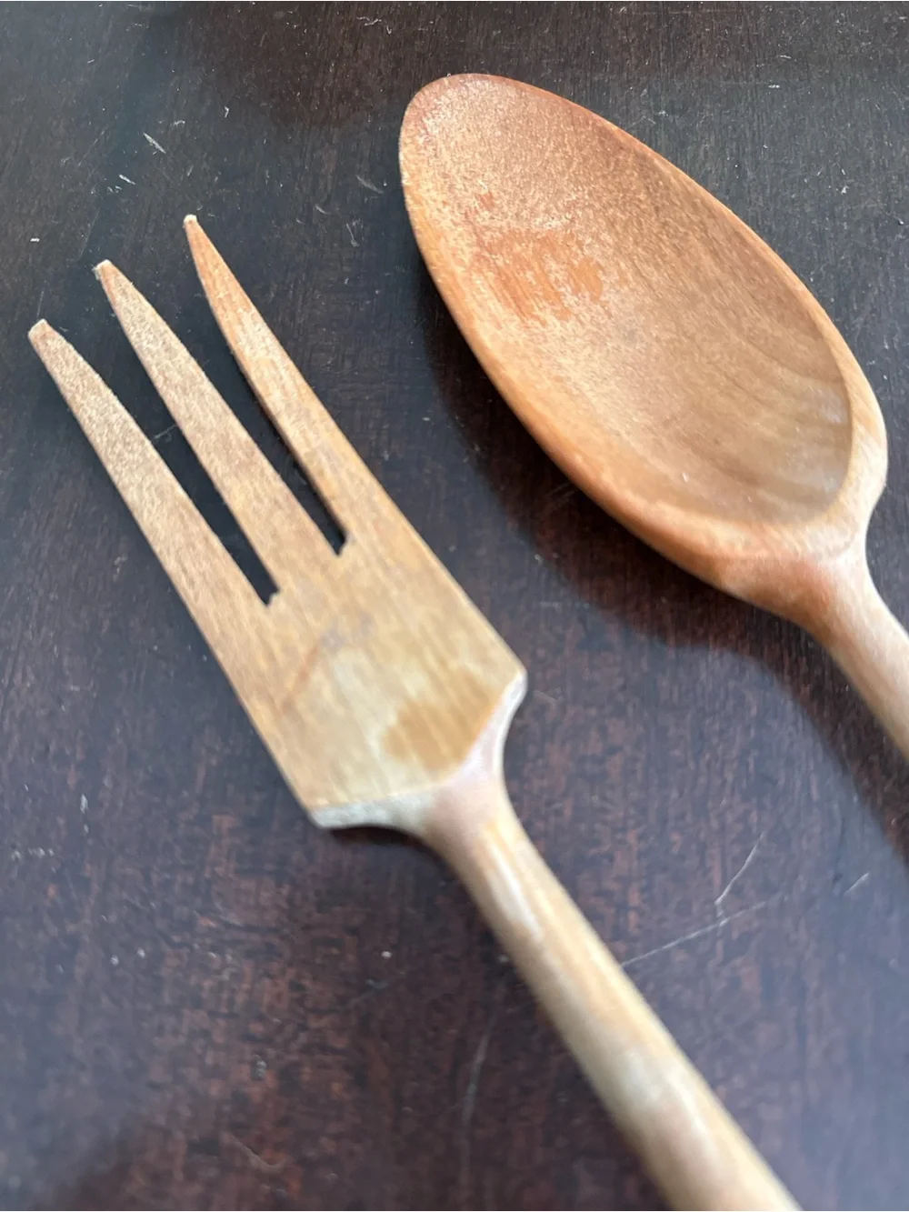 Vintage Hand Painted Ceramic & Wood Salad Serving Set Folk Art Floral Spoon Fork